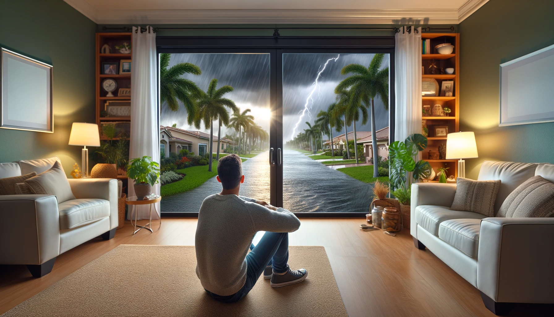 DALL·E 2024-01-02 15.16.20 - A relieved and secure homeowner of Hispanic descent in Fort Lauderdale, FL, safely inside their home during a storm, thanks to the new impact doors. T