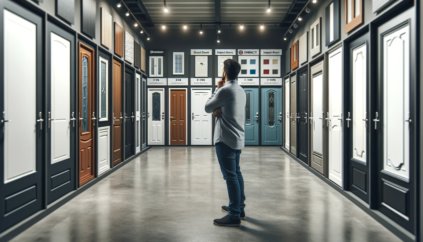 DALL·E 2024-01-02 15.17.37 - A wide landscape image of a homeowner of Hispanic descent looking at different types of impact doors in a showroom. The scene shows the homeowner, wit