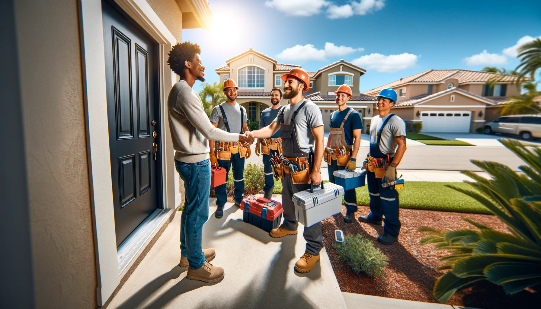 DALL·E 2024-01-02 15.19.51 - A wide landscape image of a homeowner of diverse descent greeting an installation crew who has arrived to install new impact doors. The scene depicts 
