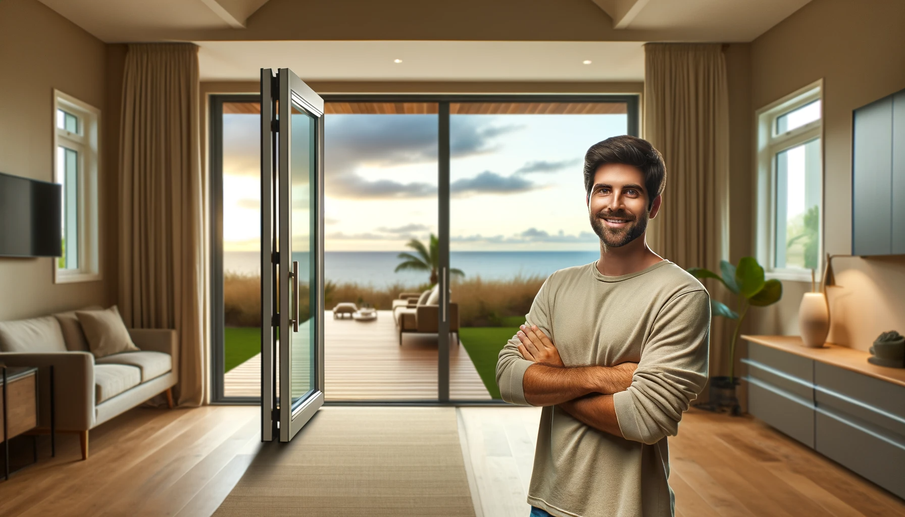 DALL·E 2024-01-02 15.24.09 - A wide landscape image of a homeowner of diverse descent looking happy and content with his decision to purchase impact doors for his home. The scene 